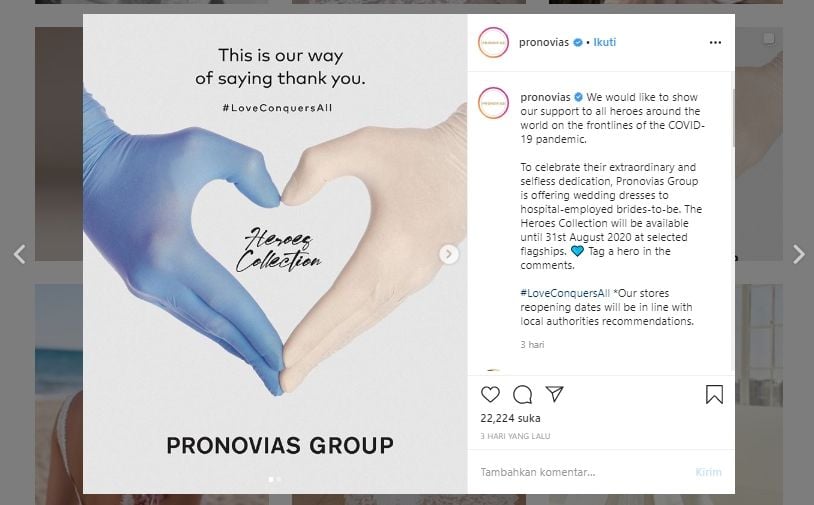 Pronovias menyumbangkan gaun pengantin gratis kepada staf rumah sakit. (Instagram/@pronovias)