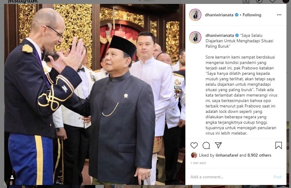 Unggahan ajudan Prabowo.[Instagram/@dhaniwirianata]