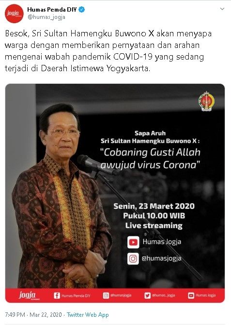 Sapa Aruh Sri Sultan Hamengku Buwono X soal COVID-19 di DIY - (Twitter/@humas_jogja)