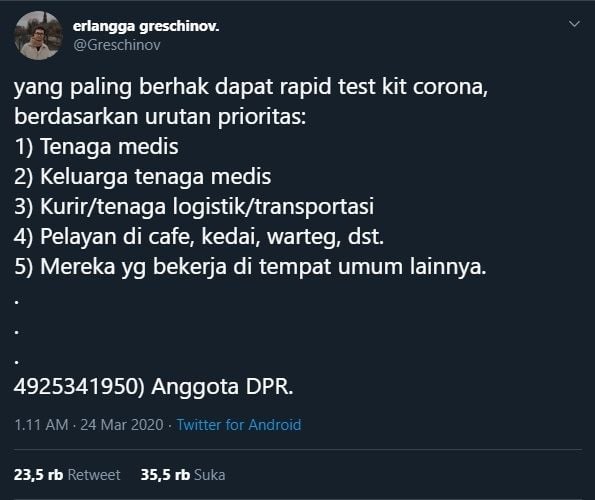 Tanggapan Netizen Soal Anggota DPR Tes Corona. (twitter.com/Greschinov)