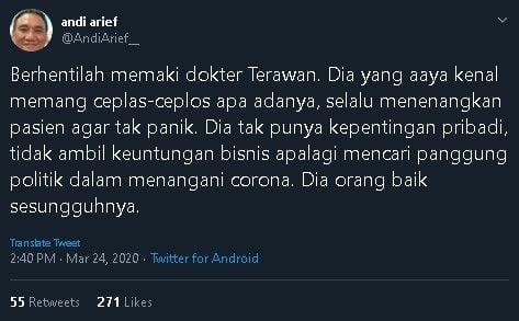 Cuitan Andi Arief soal setop mencaci Menkes Terawan. (Twitter/@AndiArief_)