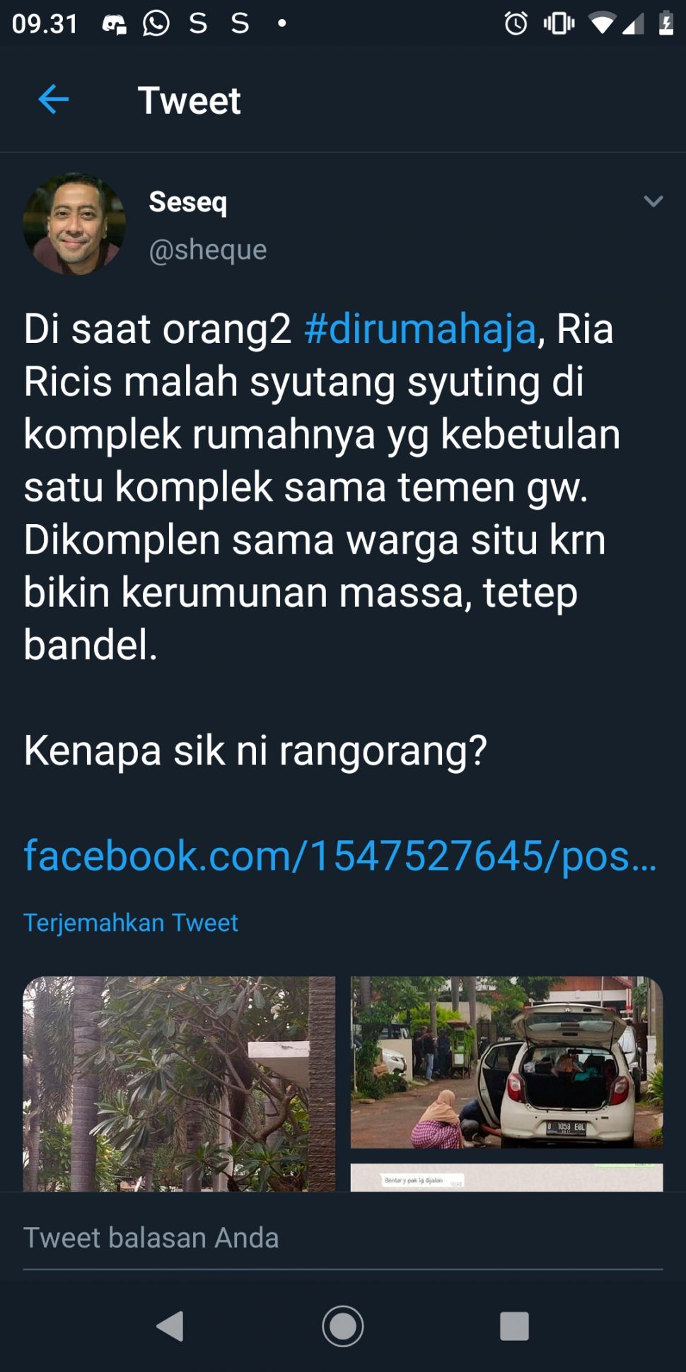 Bidik layar curhatan netizen yang protes syuting Ria Ricis saat wabah Corona. (istimewa)