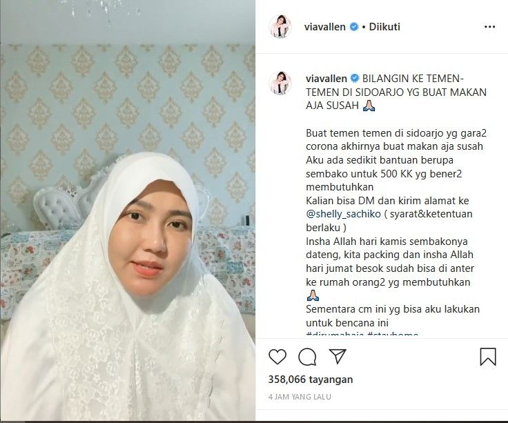 Via Vallen mengumumkan akan memberi bantuan kepada masyarakat yang terkena imbas langsung akibat virus corona. [Instagram]