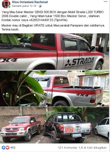 Pengusaha Pare-pare rela tukarkan mobilnya dengan masker. (Facebook/Vina Octaviani Rachmat)