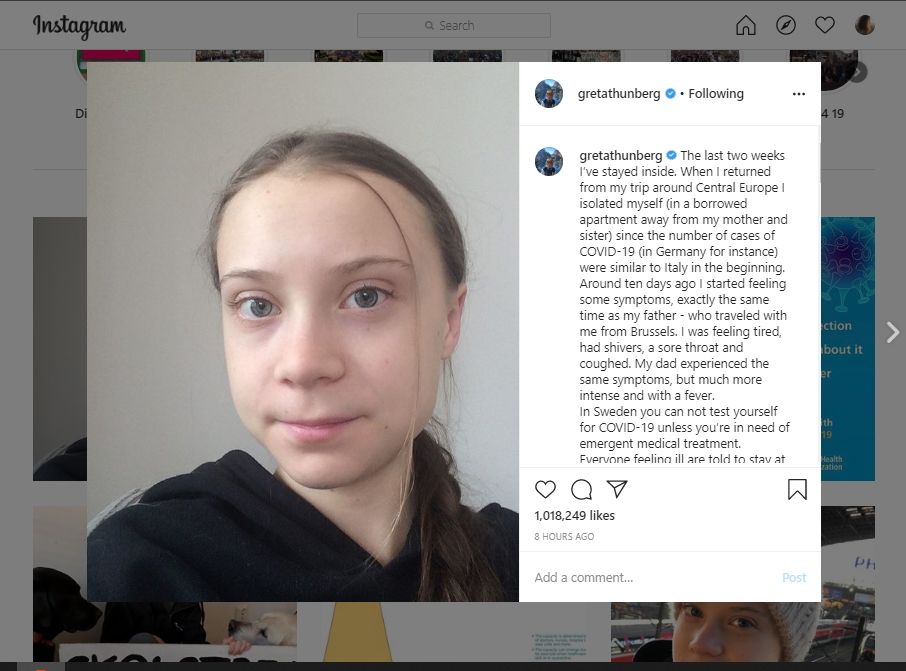 Greta Thunberg alami gejala Covid-19. (Instagram/gretathunberg)