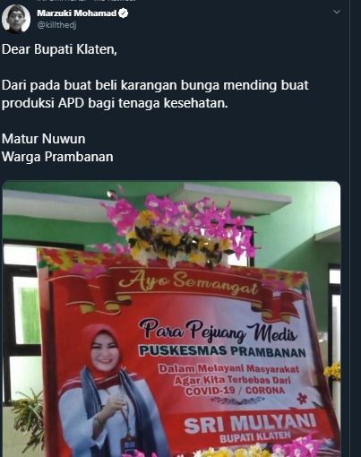 Seniman Jogja, Kill the DJ beri kicauan menohok pada karangan bunga yang dikirim Bupati Klaten untuk tenaga medis di Prambanan, Rabu (24/3/2020). [@killthedj / Twitter]