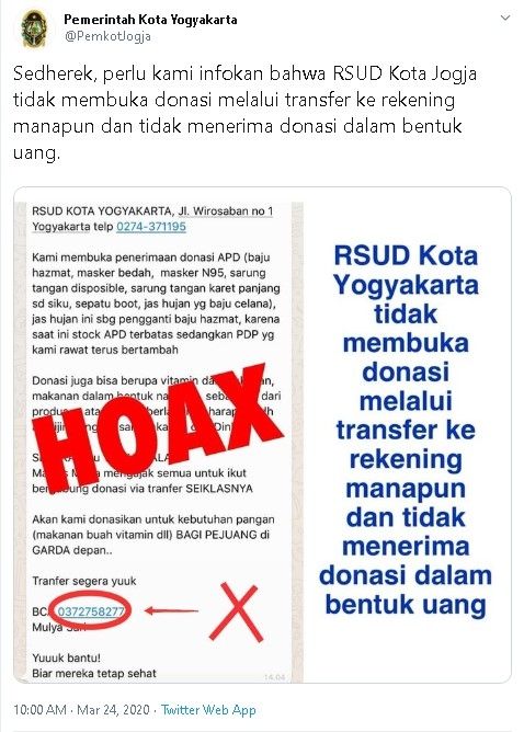 Hoaks donasi uang RSUD Kota Yogyakarta - (Twitter/@PemkotJogja)