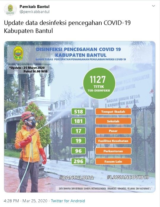 Penyemprotan disinfektan di Kabupaten Bantul - (Twitter/@pemkabbantul)