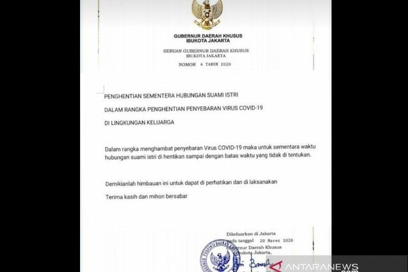 Tangkapan layar hoaks terkait Surat Seruan Gubernur DKI Jakarta Nomor 6 Tahun 2020 tentang Penghentian Sementara Hubungan Suami Istri Dalam Rangka Penghentian Penyebaran COVID-19. (ANTARA/Twitter)