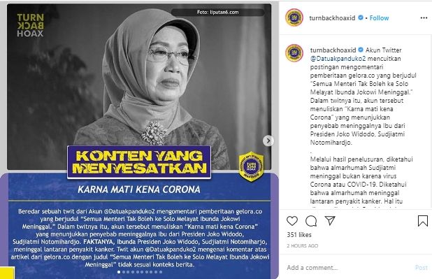 Hoaks kematian Ibunda Jokowi karena corona (Instagram).