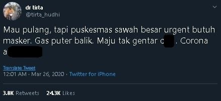 Dokter Tirta turun tangan, dapat laporan Puskesmas butuh masker. (Twitter/@tirta_hudhi)