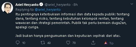 Cuitan Ariel Heryanto soal pemerintah tak mau lockdown. (Twitter/@ariel_heryanto)