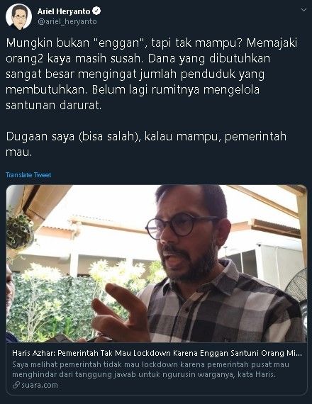 Cuitan Ariel Heryanto soal pemerintah tak mau lockdown. (Twitter/@ariel_heryanto)