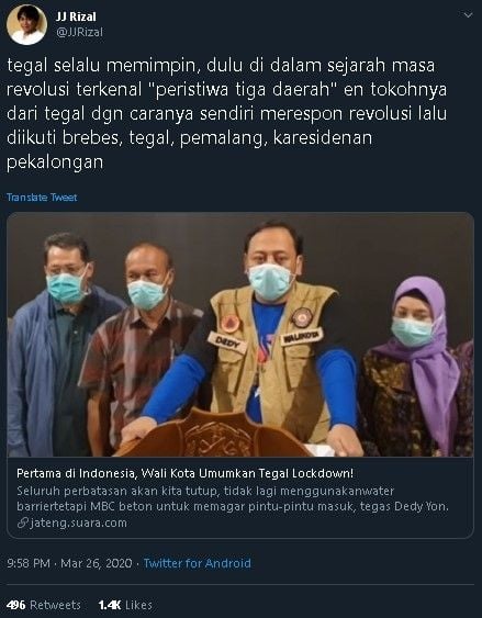 JJ Rizal apresiasi Kota Tegal atas keputusan lockdown. (Twitter/@JJRizal)