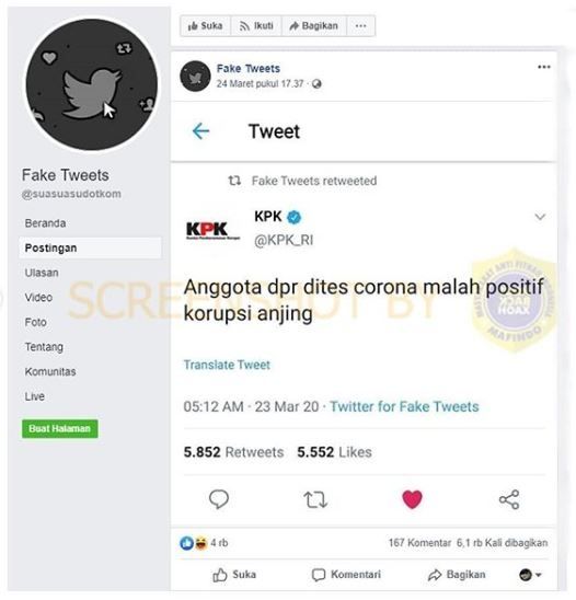 Hoaks anggota DPR dites corona hasilnya korupsi.[MAFINDO]