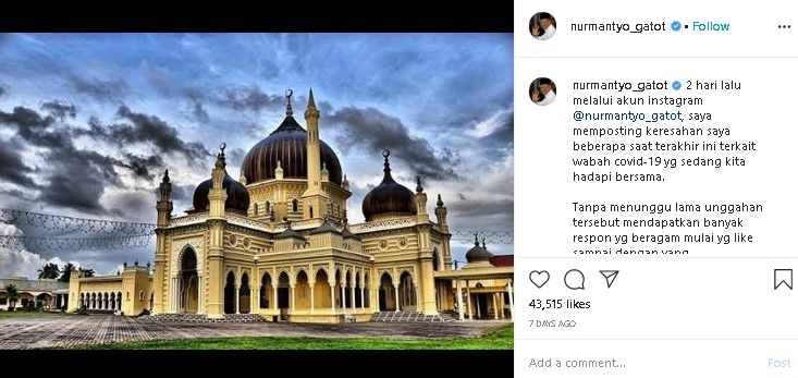 Klarifikasi Gatot Nurmantyo soal unggahan makmurkan masjid. (Instagram/@nurmantyo_gatot)