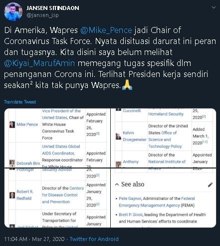 Jansen pertanyakan peran Maruf Amin dalam penanggulan corona. (Twitter/jansen_jsp)