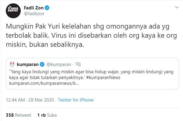 Cuitan Fadli Zon untuk Achmad Yurianto (twitter/Fadlizon)