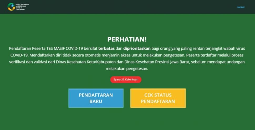 Laman resmi untuk mendaftar rapid test wilayah Jawa Barat (rapidtest.pikobar.jabarprov.go.i)