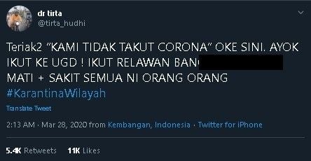 dr Tirta sindir orang yang tak takut corona. (Twitter/@tirta_hudhi)