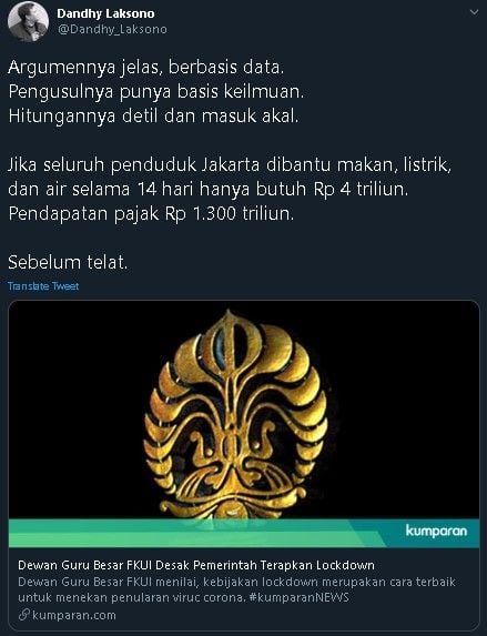 Dandhy Laksono dukung usulan guru besar UI soal lockdown. (Twitter/@Dandhy_Laksono)