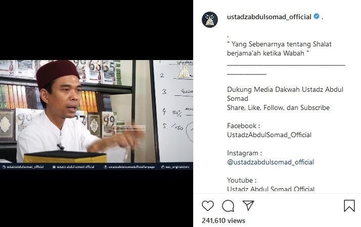 Cuplikan video terkait larangan salat berjamaah di tengah wabah di akun Instagram Ustaz Abdul Somad (UAS). [Instagram ustadzabdulsomad_official / captured]