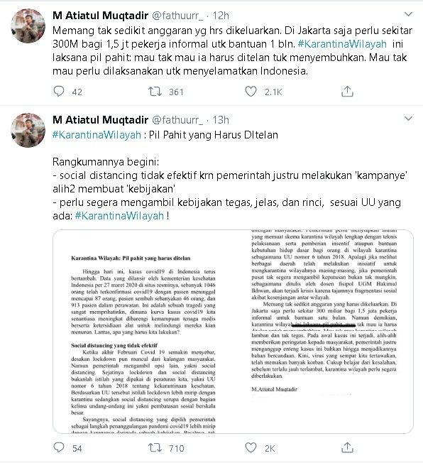 Eks Ketua BEM UGM Fathur sebut pemerintah harus buat kebijakan karantina wilayah. - (Twitter/@fathuurr_)