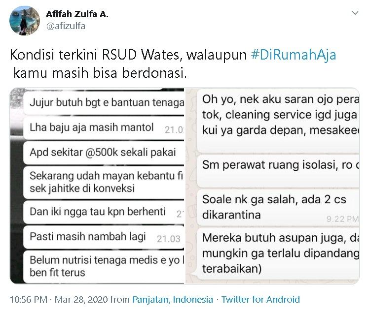 Warganet buka donasi untuk RSUD Wates - (Twitter/@afizulfa)