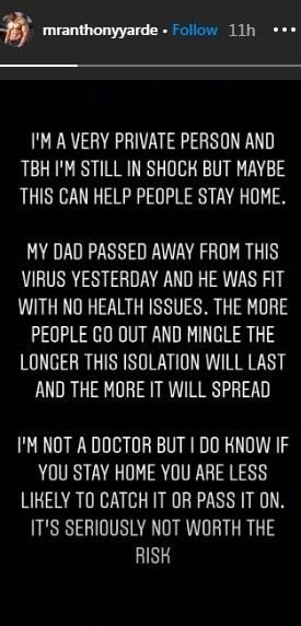 Petinju Inggris Anthony Yarde mengumumkan kabar meninggalnya sang Ayah lewat Insta Story. [Instagram@mranthonyyarde]