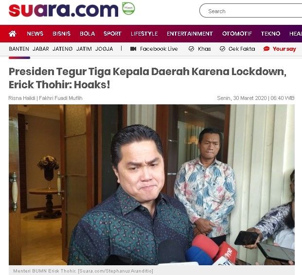 Menteri Erick Thohir buka suara soal hoaks lockdown. (ist)