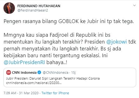 Cuitan Ferdinand Hutahaean memaki Juru Bicara Presiden RI Fadjroel Rachman (Twitter).