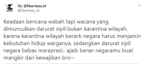 Cuitan warganet yang menolak rencana kebijakan darurat sipil (Twitter).