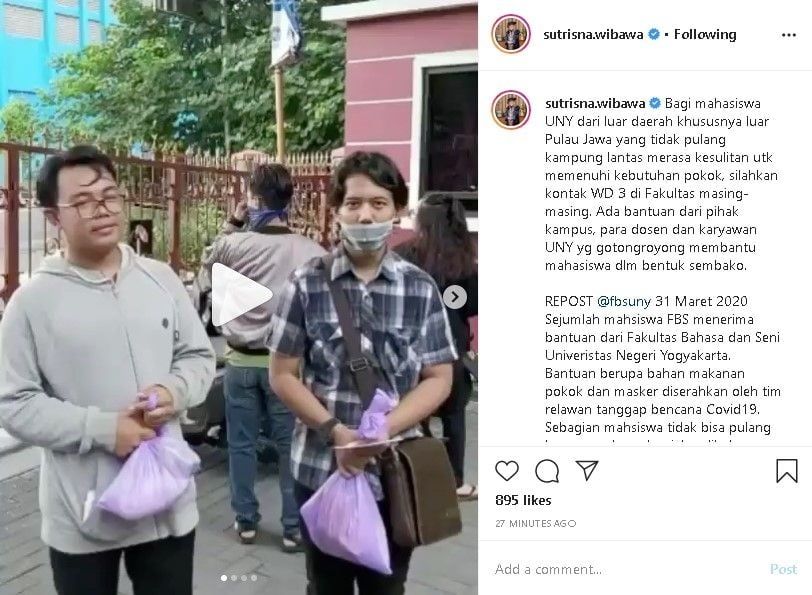 Mahasiswa UNY perantau yang tidak mudik dapat sembako dari kampus - (Instagram/@sutrisna.wibawa)