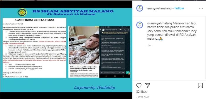 CEK FAKTA Klarifikasi RSI Aisyiyah Malang soal pasien bernama Joey Schouten (Instagram).