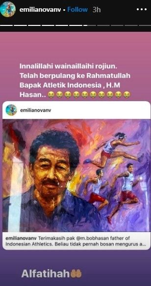 Insta Story atlet lari gawang Indonesia Emilia Nova soal meninggalnya Ketua Umum PB PASI Bob Hasan. [Instagram@emilianovanv]