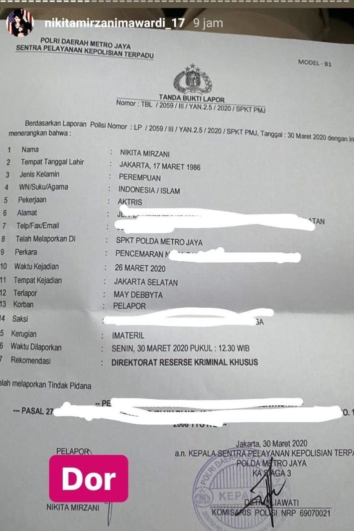 Surat laporan polisi Nikita Mirzani terhadap Gebby Vesta. [Instagram Story Nikita Mirzani]