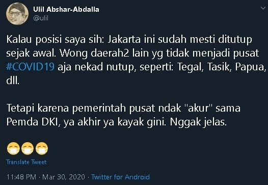 Ulis sebut Pemerintah Pusat tak akur dengan Pemda DKI dalam penangan corona. (Instagram/@ulil)