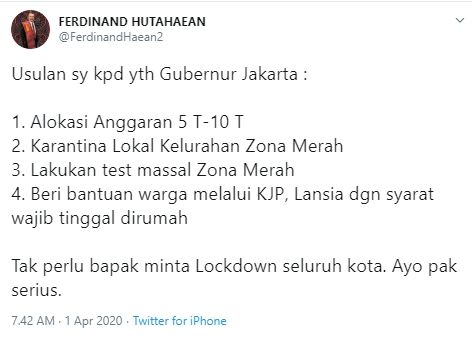 Usulan Ferdinand Hutahaean selain lockdown  (Twitter).