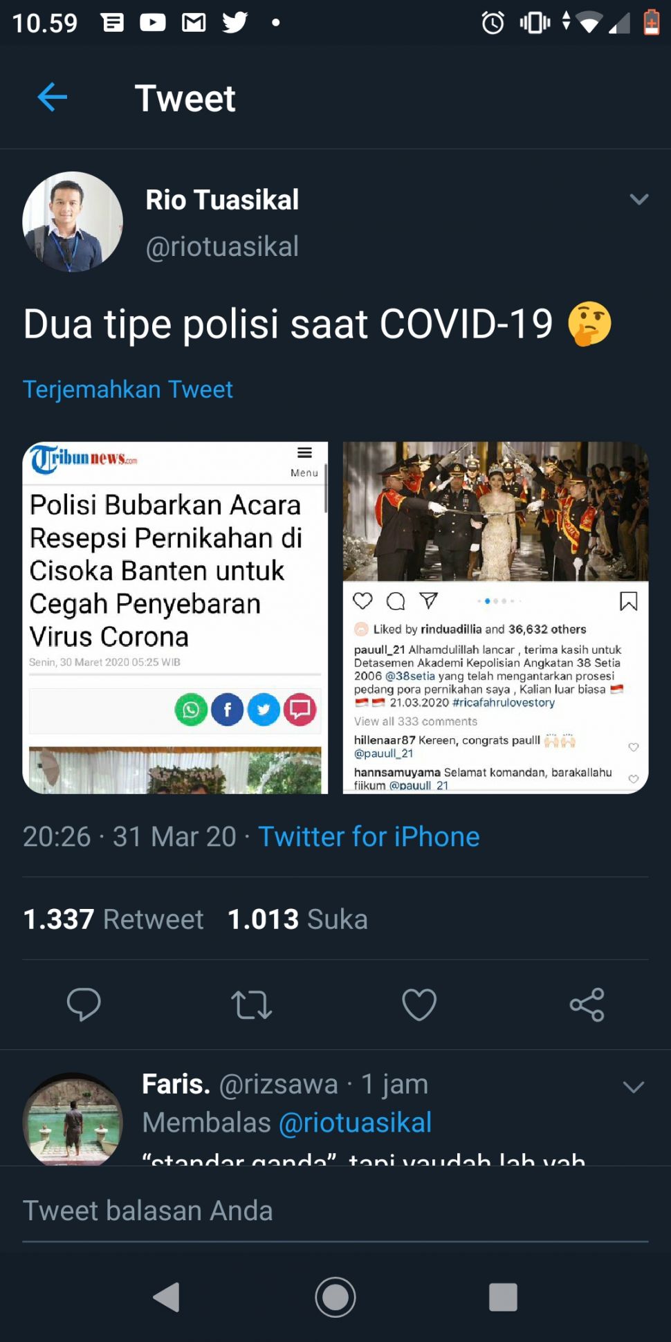 Bidik layar unggahan netizen terkait pesta pernikahan diduga anggota polisi yang digelar saat wabah corona. (Twitter).