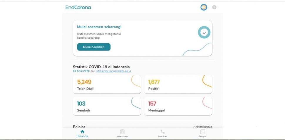 Aplikasi EndCorona buatan Universitas Indonesia. (Dok. Suara.com/Tangkapan Layar)