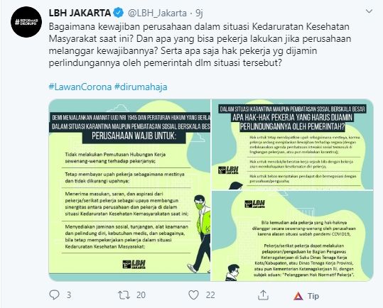 Cuitan LBH Jakarta soal hak pekerja saat PSBB (Twitter).