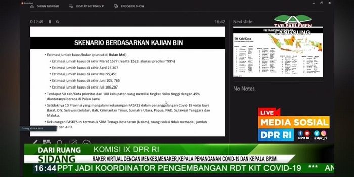 Bidik layar skenario kajian BIN soal kasus pasien Corona yang dipaparkan Kepala Gugus Tugas Percepatan Penanganan Covid-19 Doni Monardo. (istimewa).