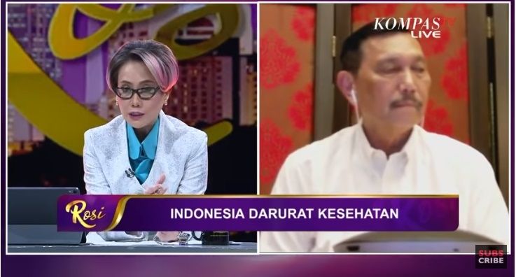 Luhut Binsar Pandjaitan ketika menjadi narasumber program acara ROSI episode Indonesia Darurat Kesehatan yang tayang Kamis (02/04) di Kompas TV. Tangkapan layar (Youtube/KompasTV)