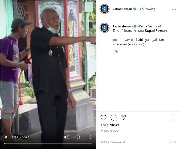 Video sosialisasi disinfektan dan physical distancing Pemkab Sleman - (Instagram/@kabarsleman)