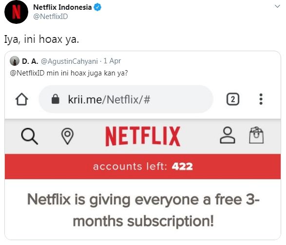 Benarkah Netflix berikan layanan gratis selama pandemi corona? (Twitter)
