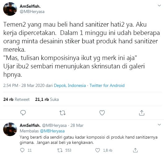 Cuitan waspada membeli hand sanitizer abal-abal (Twitter)