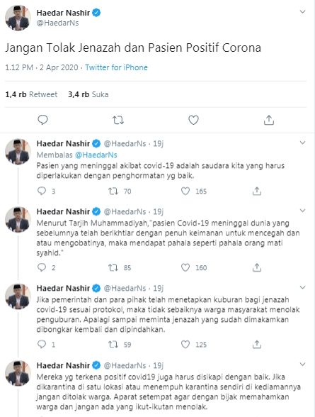 Ketum PP Muhamadiyah minta warga tak menolak jenazah corona (Twitter/haedarns)