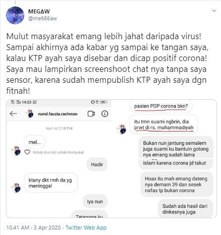Cuitan Warganet yang Ayahnya Dituduh PDP Corona (Twitter).