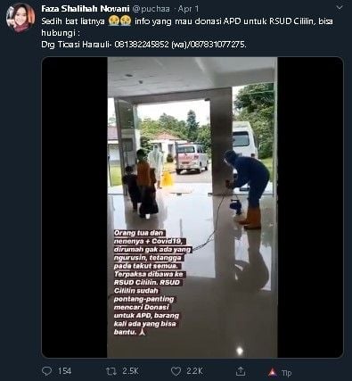 Unggahan tiga anak terpaksa tinggal di RS karea keluarga positif corona. (Twitter/@puchaa)