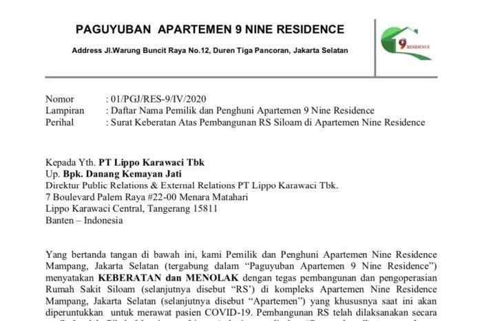 surat penolakan warga karena Lippo Plaza Mampang jadi RS rujukan corona (dok. ABC News)